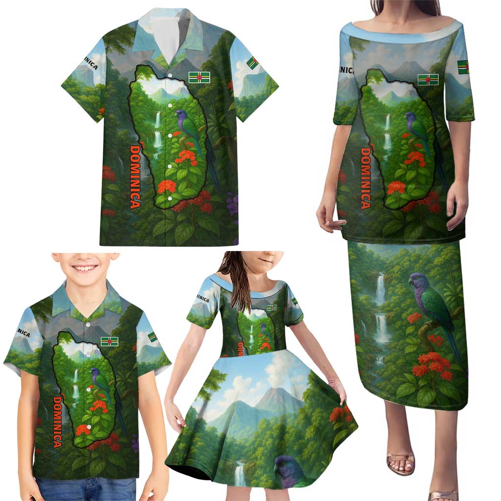 Dominica Nature Family Matching Puletasi and Hawaiian Shirt Sisserou Parrot and Waterfall Island Map with National Flag Design - Wonder Print Shop