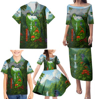 Dominica Nature Family Matching Puletasi and Hawaiian Shirt Sisserou Parrot and Waterfall Island Map with National Flag Design - Wonder Print Shop