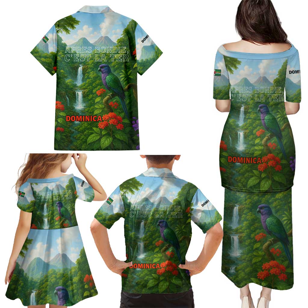 Dominica Nature Family Matching Puletasi and Hawaiian Shirt Sisserou Parrot and Waterfall Island Map with National Flag Design - Wonder Print Shop