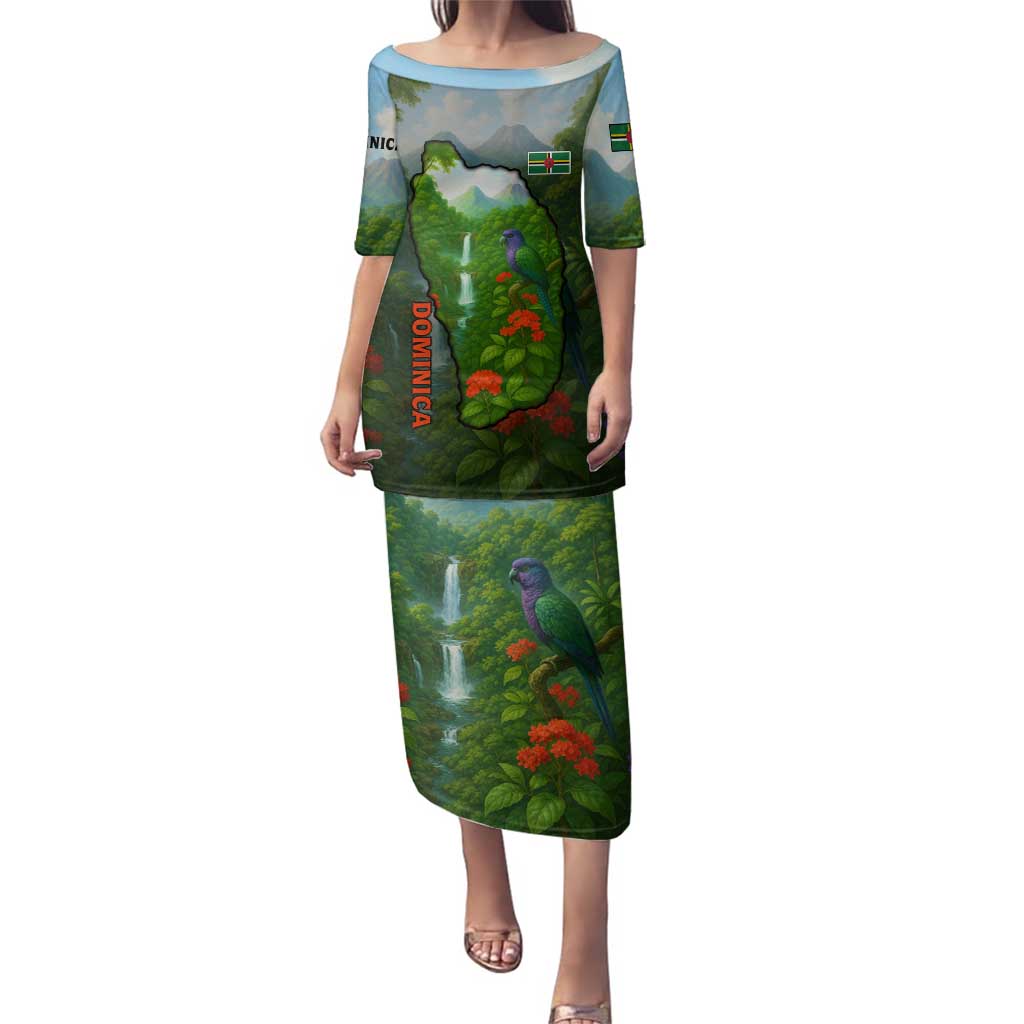 Dominica Nature Family Matching Puletasi and Hawaiian Shirt Sisserou Parrot and Waterfall Island Map with National Flag Design - Wonder Print Shop
