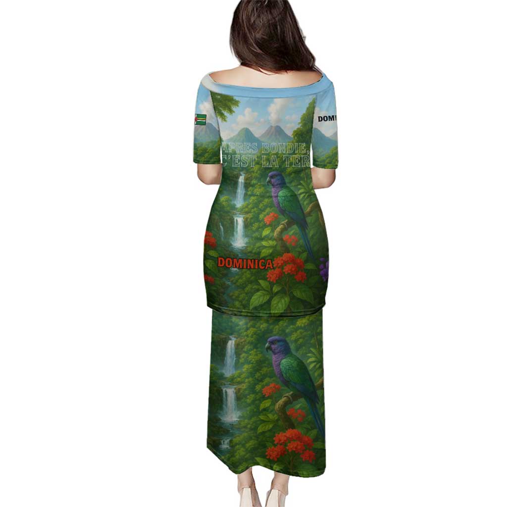Dominica Nature Family Matching Puletasi and Hawaiian Shirt Sisserou Parrot and Waterfall Island Map with National Flag Design - Wonder Print Shop