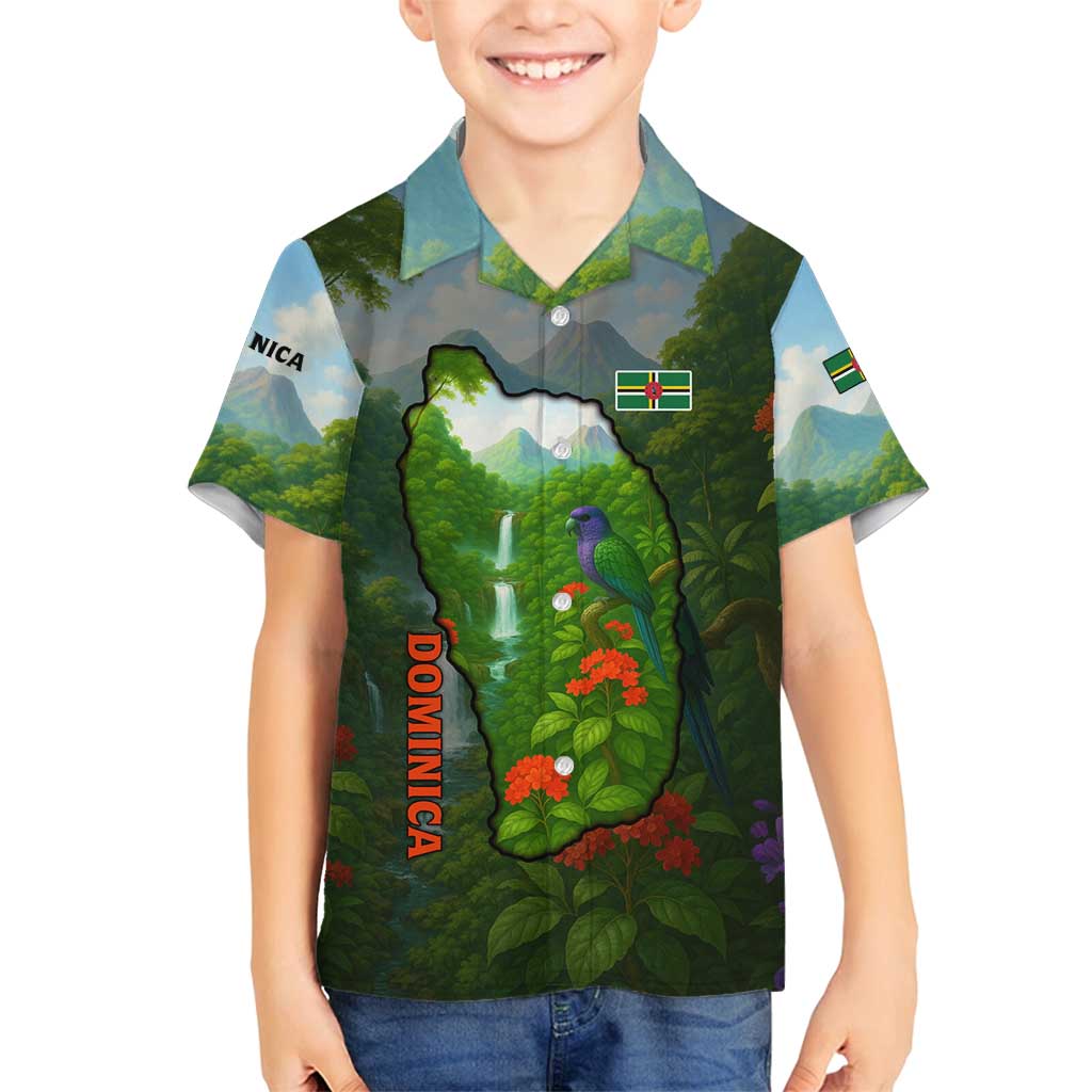 Dominica Nature Family Matching Puletasi and Hawaiian Shirt Sisserou Parrot and Waterfall Island Map with National Flag Design - Wonder Print Shop