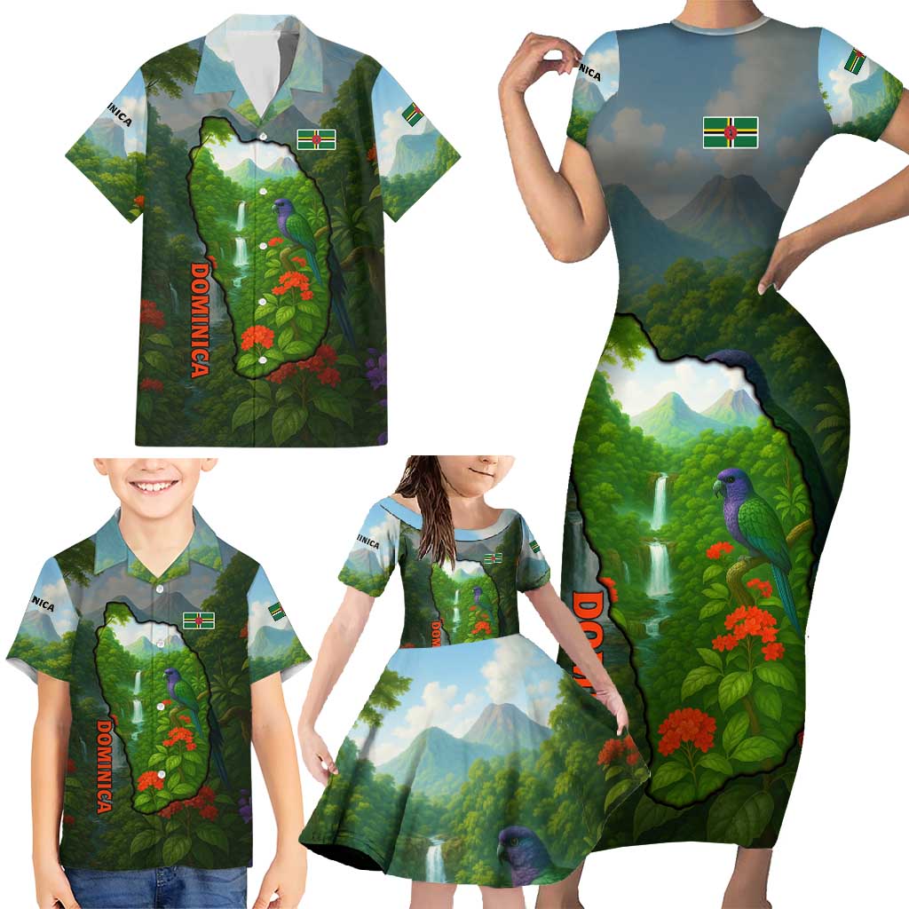 Dominica Nature Family Matching Short Sleeve Bodycon Dress and Hawaiian Shirt Sisserou Parrot and Waterfall Island Map with National Flag Design - Wonder Print Shop