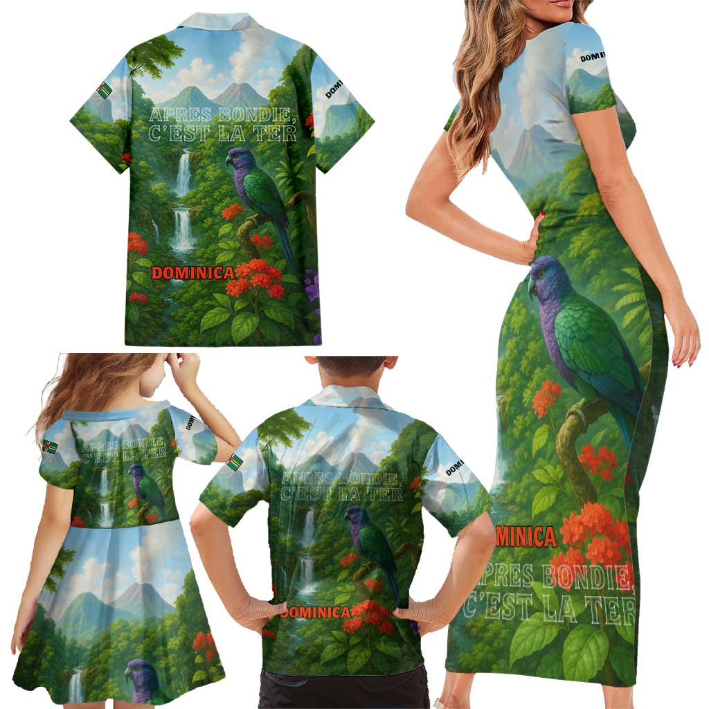 Dominica Nature Family Matching Short Sleeve Bodycon Dress and Hawaiian Shirt Sisserou Parrot and Waterfall Island Map with National Flag Design - Wonder Print Shop