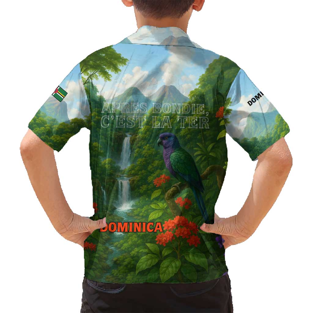Dominica Nature Family Matching Summer Maxi Dress and Hawaiian Shirt Sisserou Parrot and Waterfall Island Map with National Flag Design - Wonder Print Shop