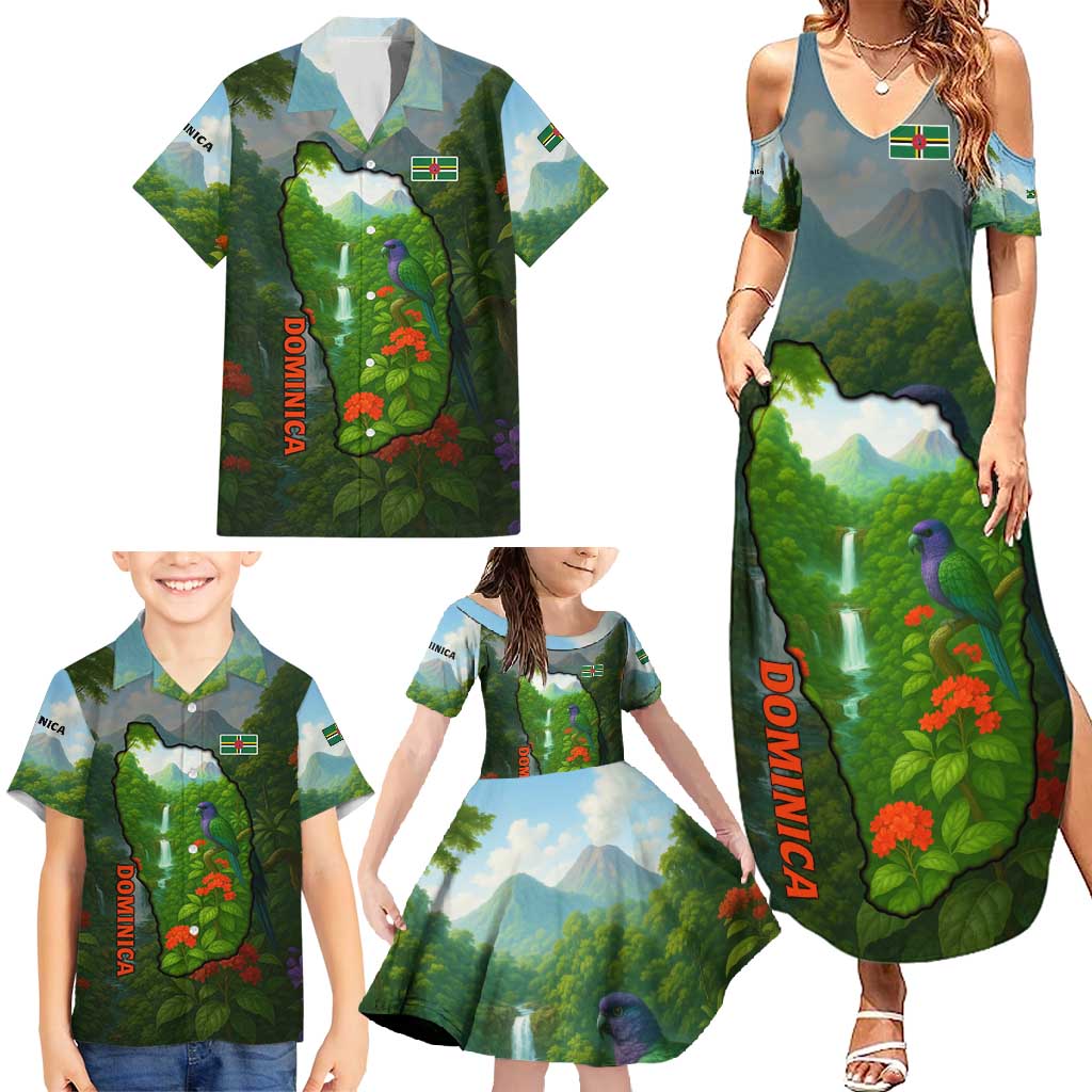 Dominica Nature Family Matching Summer Maxi Dress and Hawaiian Shirt Sisserou Parrot and Waterfall Island Map with National Flag Design - Wonder Print Shop