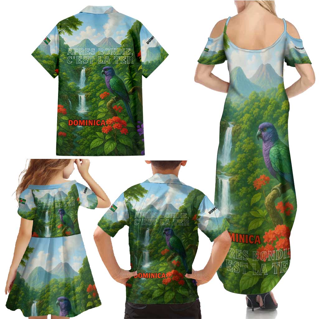 Dominica Nature Family Matching Summer Maxi Dress and Hawaiian Shirt Sisserou Parrot and Waterfall Island Map with National Flag Design - Wonder Print Shop