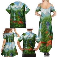 Dominica Nature Family Matching Summer Maxi Dress and Hawaiian Shirt Sisserou Parrot and Waterfall Island Map with National Flag Design - Wonder Print Shop