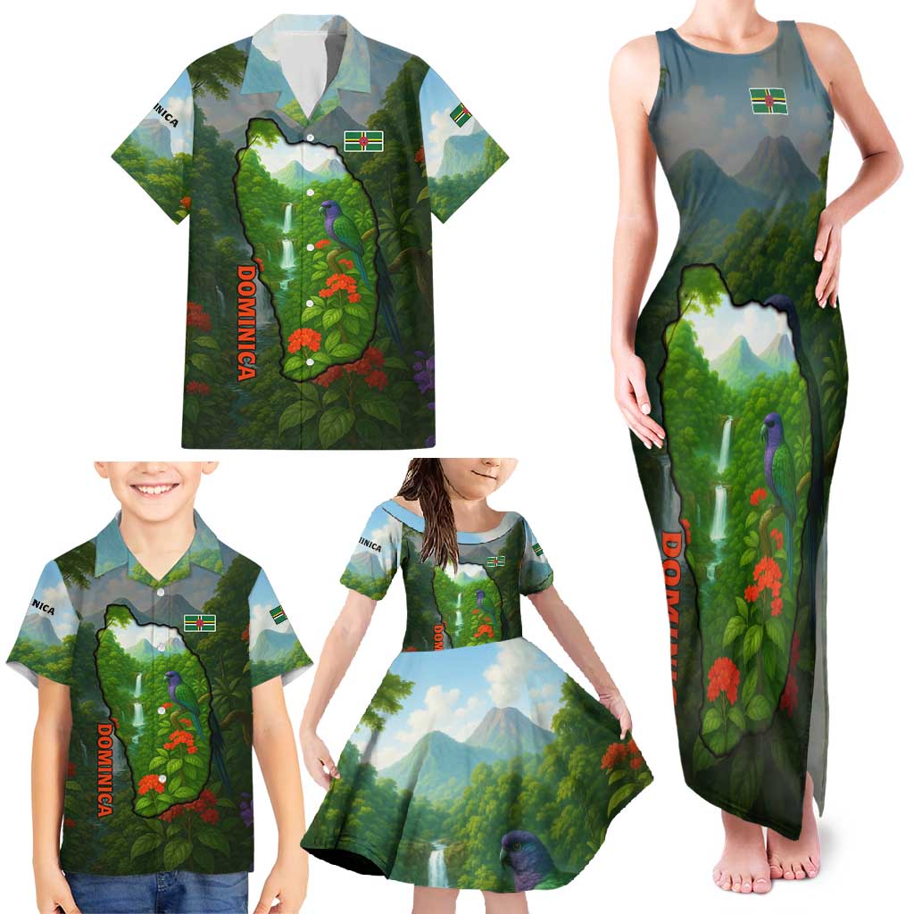 Dominica Nature Family Matching Tank Maxi Dress and Hawaiian Shirt Sisserou Parrot and Waterfall Island Map with National Flag Design - Wonder Print Shop