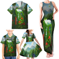 Dominica Nature Family Matching Tank Maxi Dress and Hawaiian Shirt Sisserou Parrot and Waterfall Island Map with National Flag Design - Wonder Print Shop
