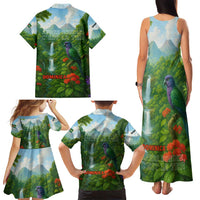 Dominica Nature Family Matching Tank Maxi Dress and Hawaiian Shirt Sisserou Parrot and Waterfall Island Map with National Flag Design - Wonder Print Shop