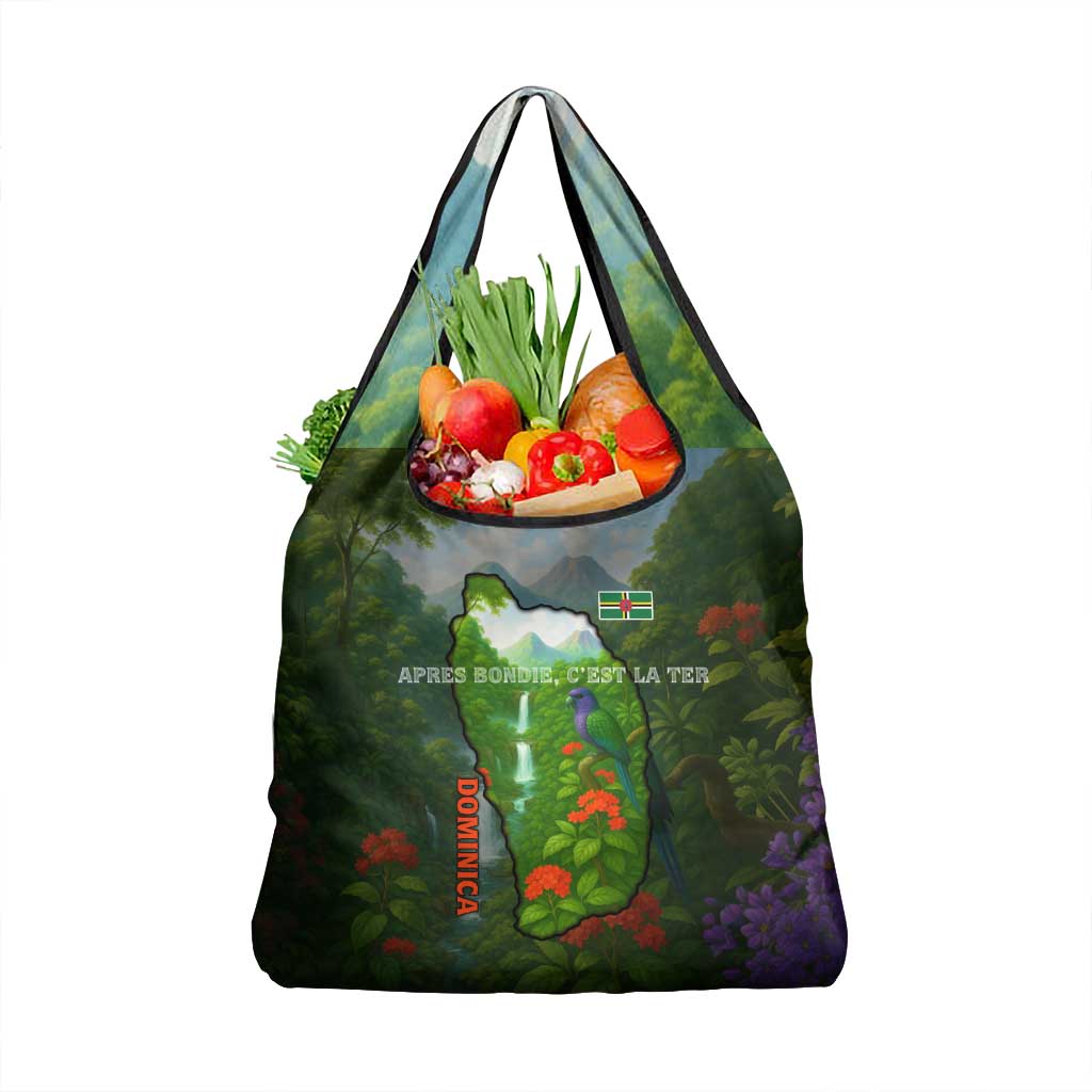 Dominica Nature Grocery Bag Sisserou Parrot and Waterfall Island Map with National Flag Design - Wonder Print Shop