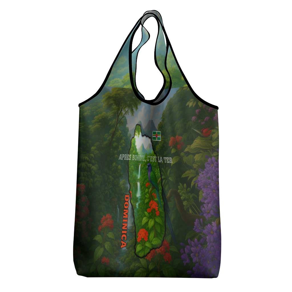 Dominica Nature Grocery Bag Sisserou Parrot and Waterfall Island Map with National Flag Design - Wonder Print Shop