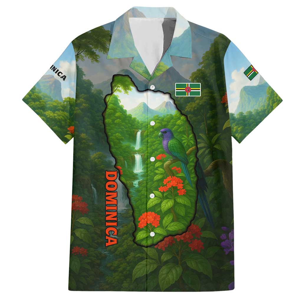 Dominica Nature Hawaiian Shirt Sisserou Parrot and Waterfall Island Map with National Flag Design - Wonder Print Shop