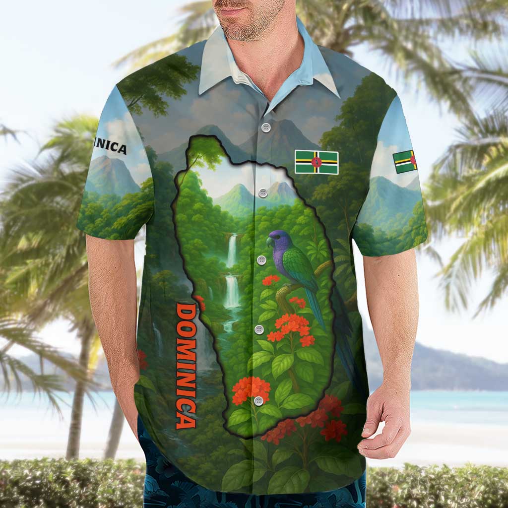Dominica Nature Hawaiian Shirt Sisserou Parrot and Waterfall Island Map with National Flag Design - Wonder Print Shop