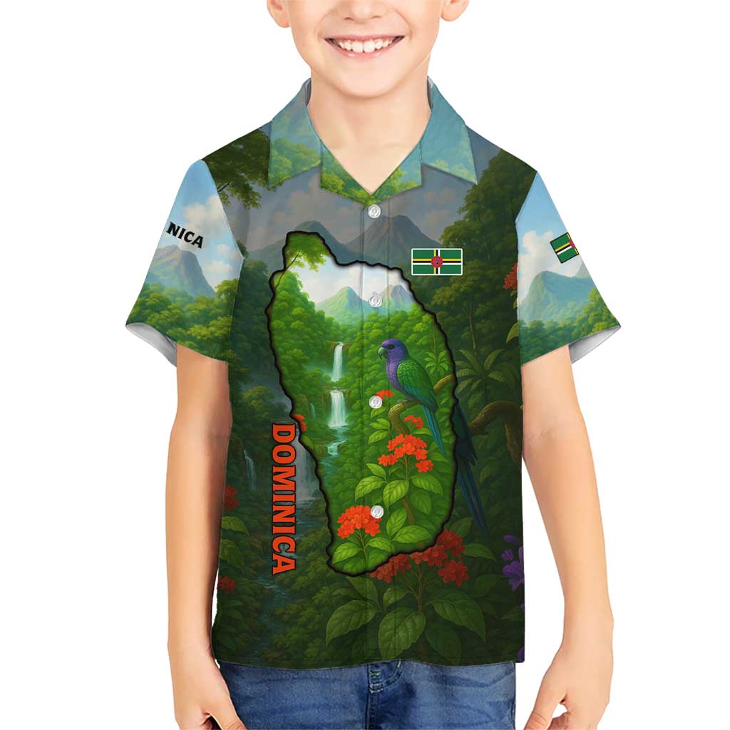 Dominica Nature Hawaiian Shirt Sisserou Parrot and Waterfall Island Map with National Flag Design - Wonder Print Shop