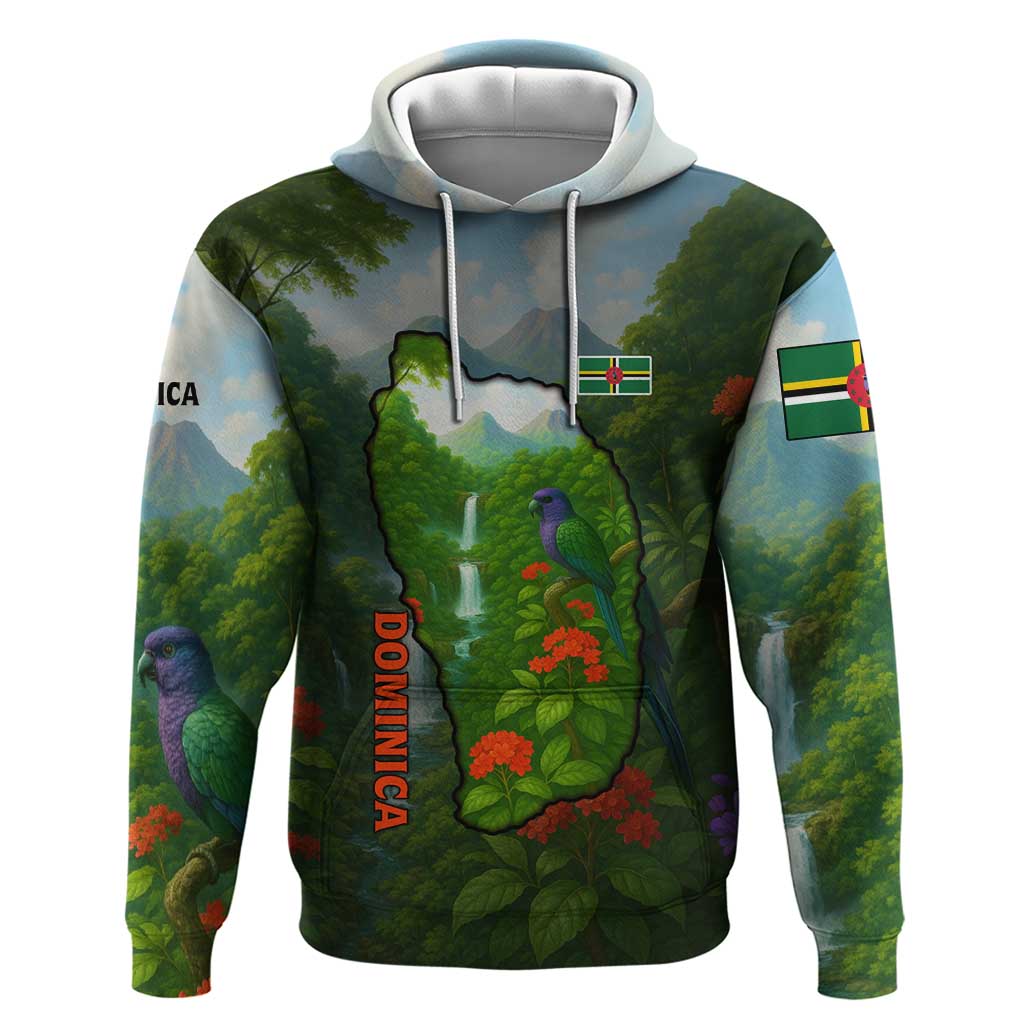 Dominica Nature Hoodie Sisserou Parrot and Waterfall Island Map with National Flag Design - Wonder Print Shop