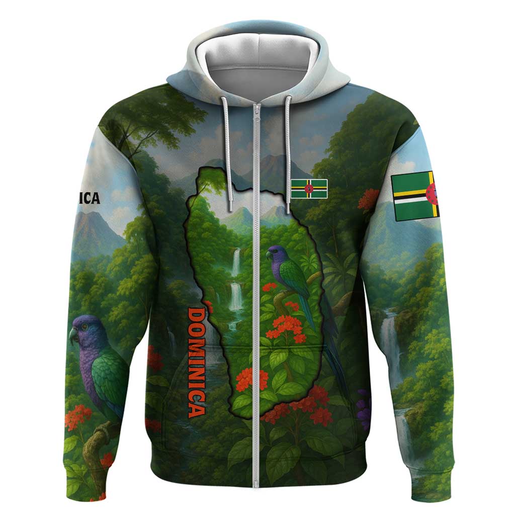 Dominica Nature Hoodie Sisserou Parrot and Waterfall Island Map with National Flag Design - Wonder Print Shop