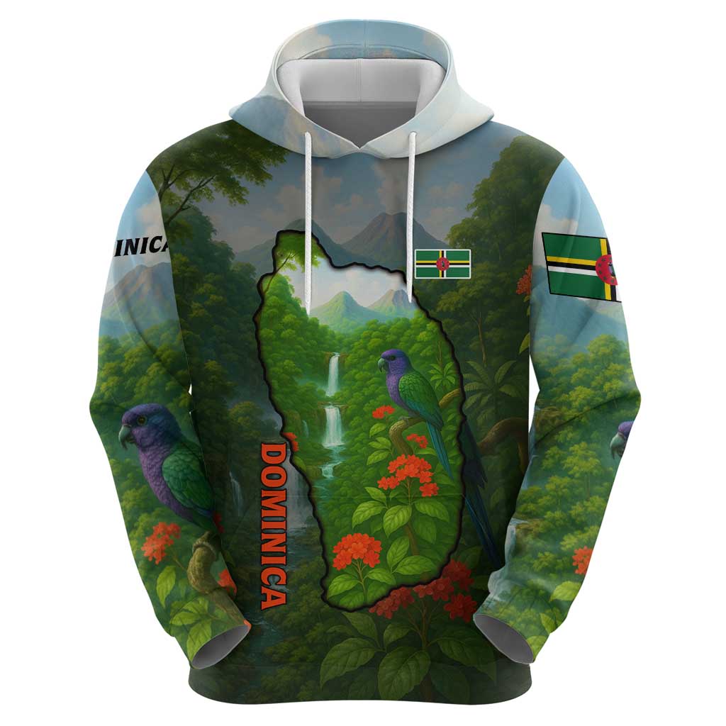 Dominica Nature Hoodie Sisserou Parrot and Waterfall Island Map with National Flag Design - Wonder Print Shop