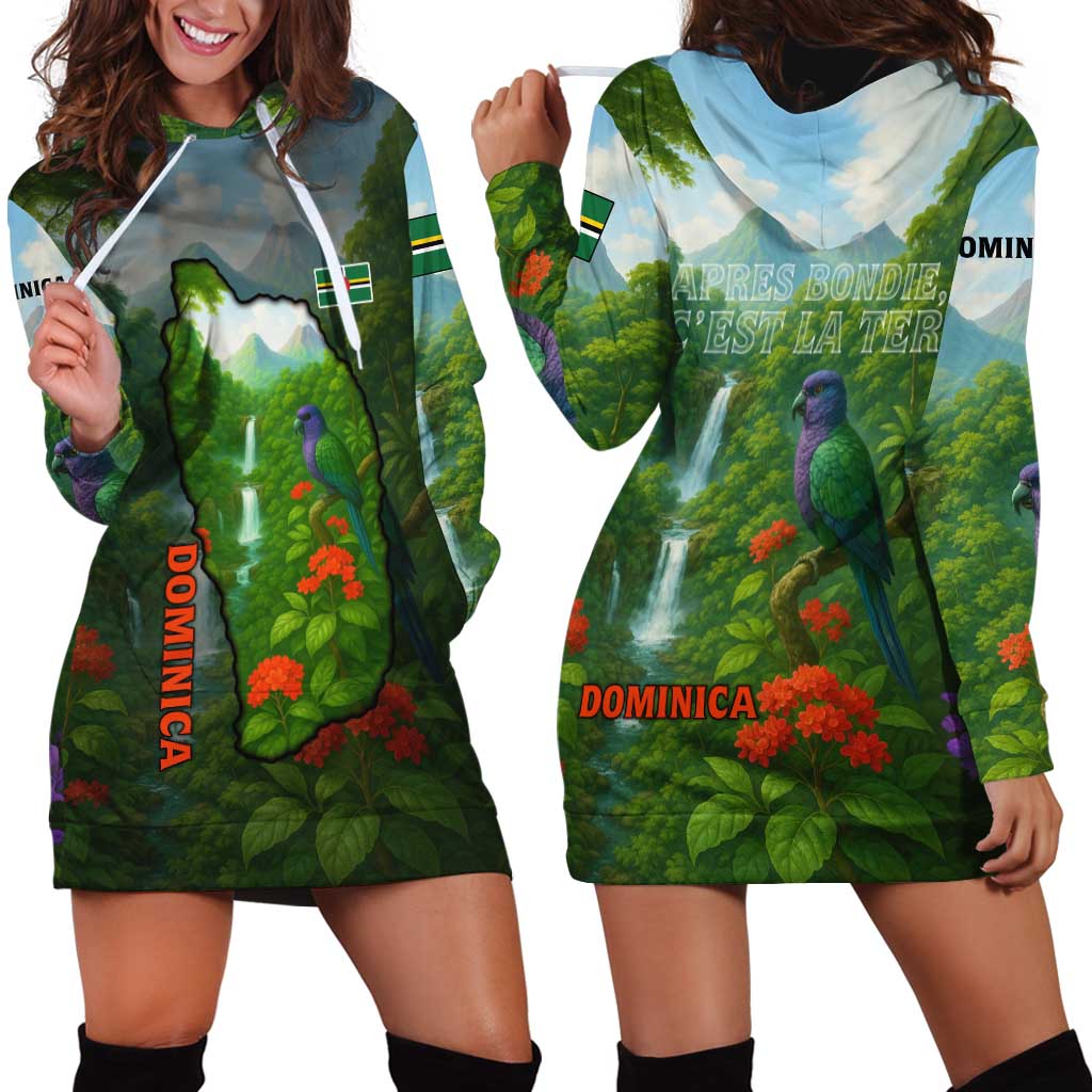 Dominica Nature Hoodie Dress Sisserou Parrot and Waterfall Island Map with National Flag Design - Wonder Print Shop