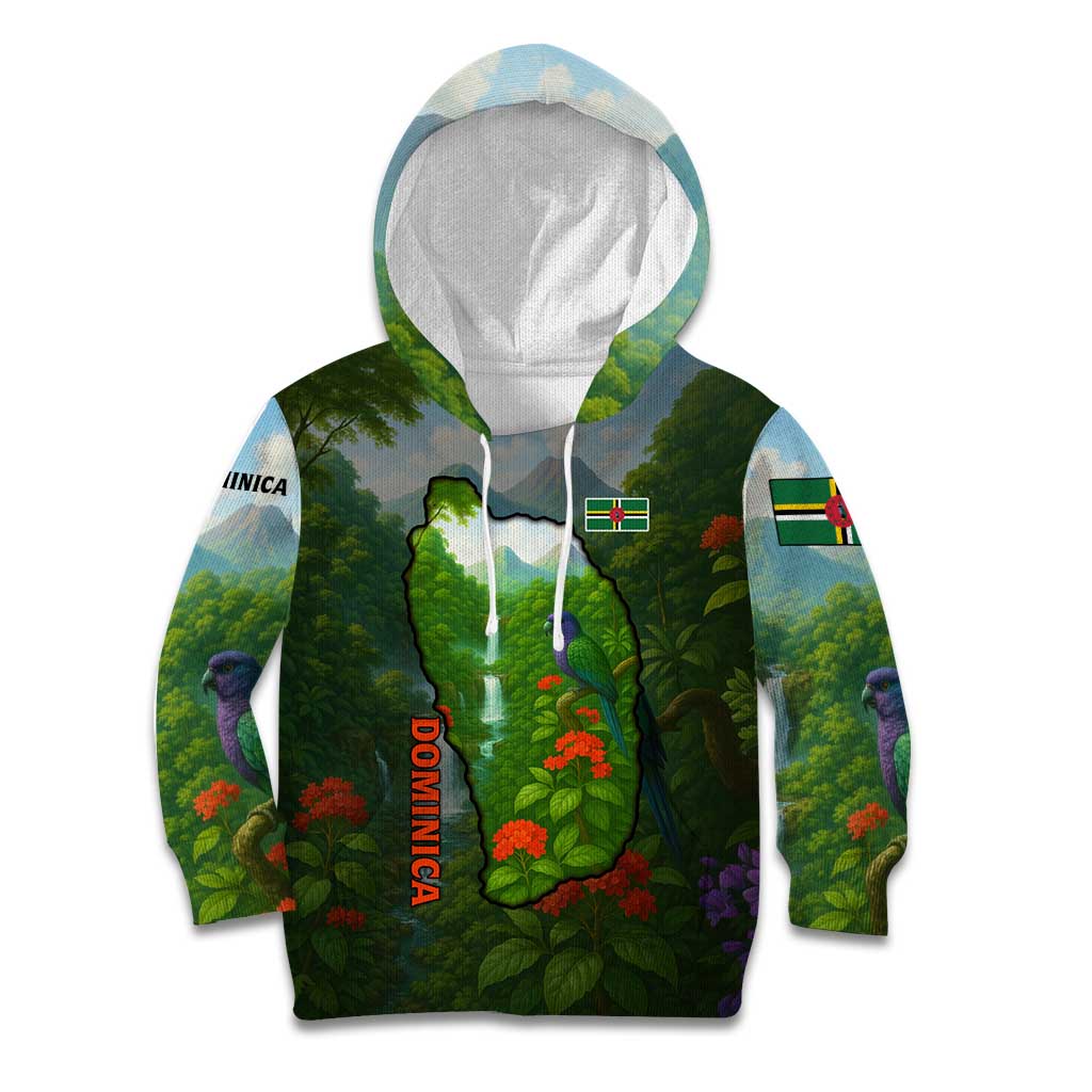 Dominica Nature Kid Hoodie Sisserou Parrot and Waterfall Island Map with National Flag Design - Wonder Print Shop