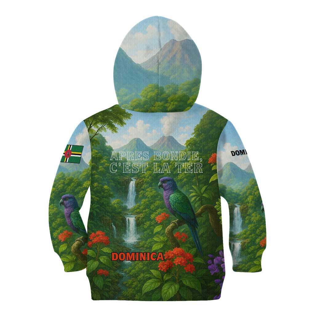 Dominica Nature Kid Hoodie Sisserou Parrot and Waterfall Island Map with National Flag Design - Wonder Print Shop