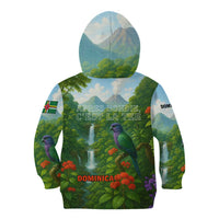 Dominica Nature Kid Hoodie Sisserou Parrot and Waterfall Island Map with National Flag Design - Wonder Print Shop