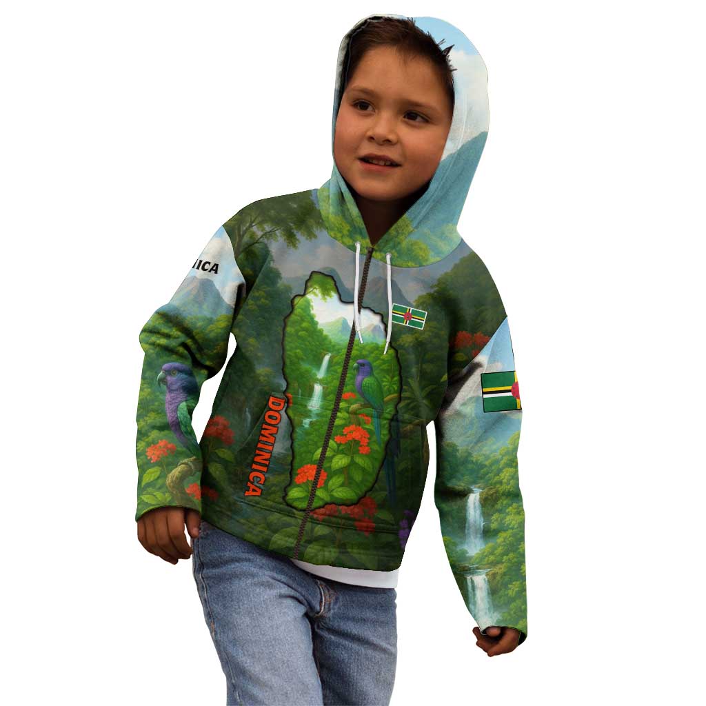 Dominica Nature Kid Hoodie Sisserou Parrot and Waterfall Island Map with National Flag Design - Wonder Print Shop