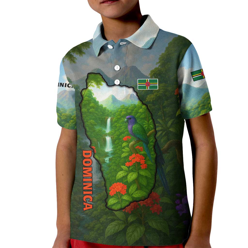 Dominica Nature Kid Polo Shirt Sisserou Parrot and Waterfall Island Map with National Flag Design - Wonder Print Shop