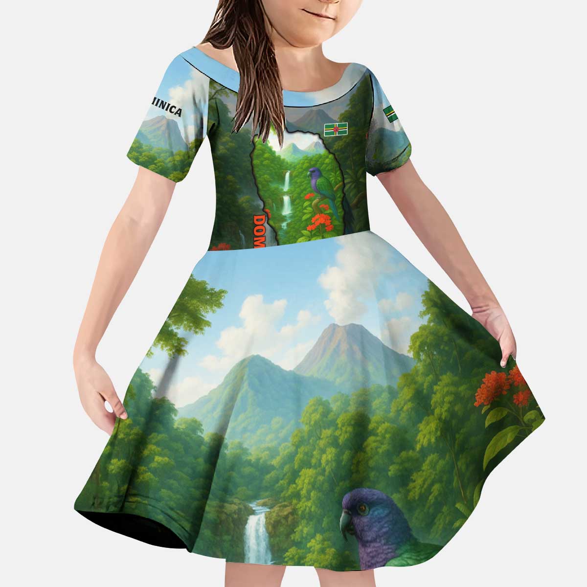 Dominica Nature Kid Short Sleeve Dress Sisserou Parrot and Waterfall Island Map with National Flag Design - Wonder Print Shop