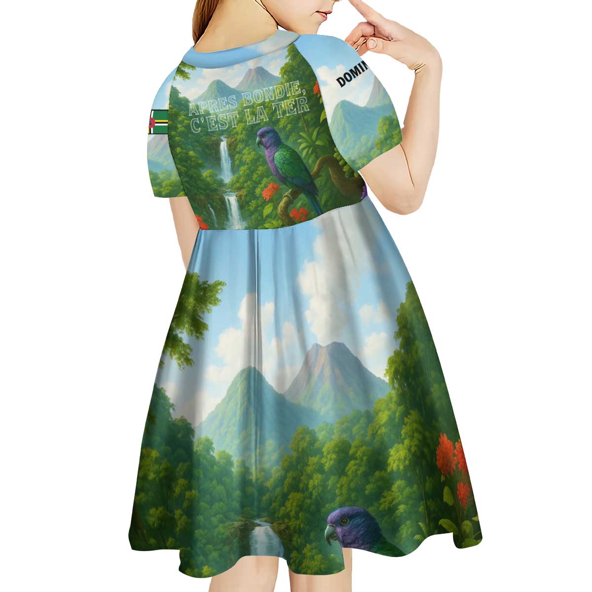 Dominica Nature Kid Short Sleeve Dress Sisserou Parrot and Waterfall Island Map with National Flag Design - Wonder Print Shop