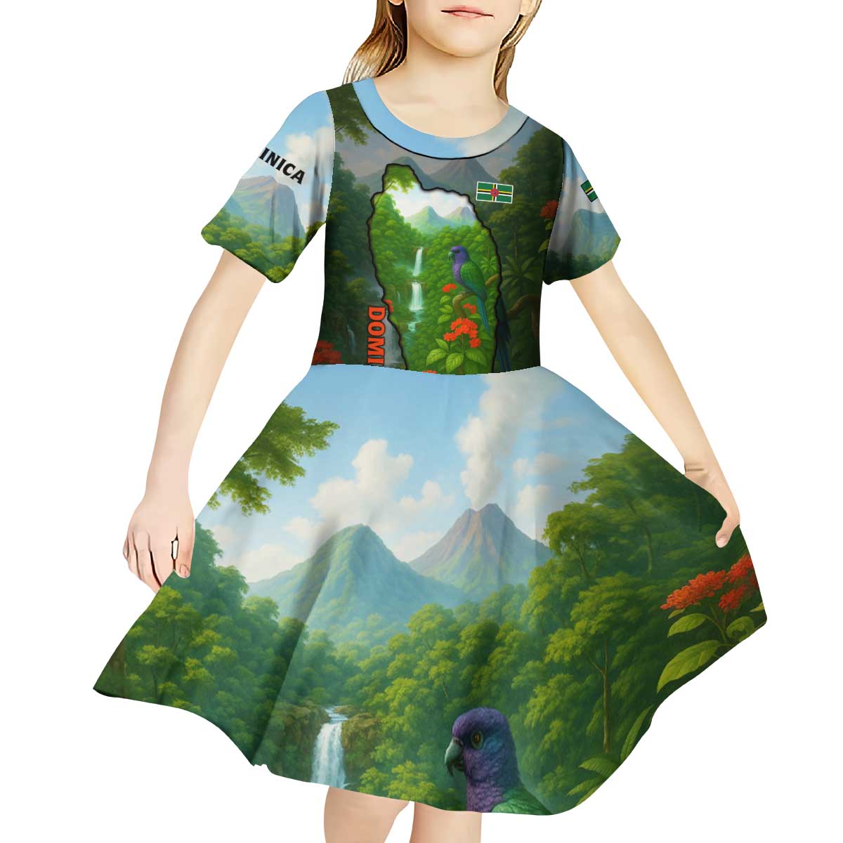 Dominica Nature Kid Short Sleeve Dress Sisserou Parrot and Waterfall Island Map with National Flag Design - Wonder Print Shop