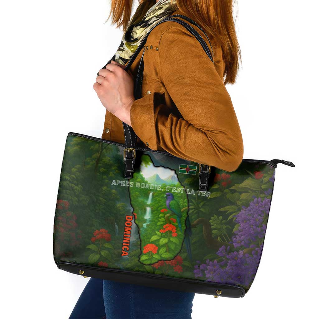 Dominica Nature Leather Tote Bag Sisserou Parrot and Waterfall Island Map with National Flag Design - Wonder Print Shop