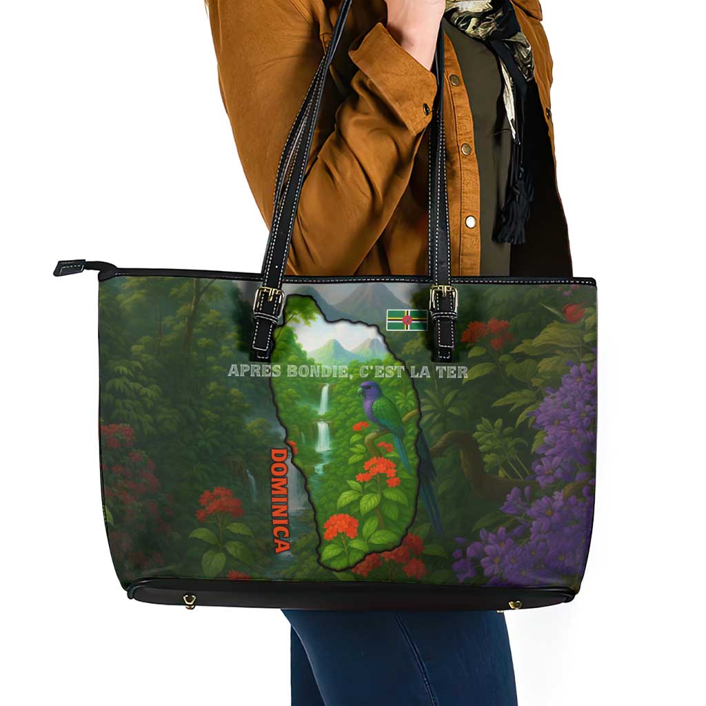 Dominica Nature Leather Tote Bag Sisserou Parrot and Waterfall Island Map with National Flag Design - Wonder Print Shop