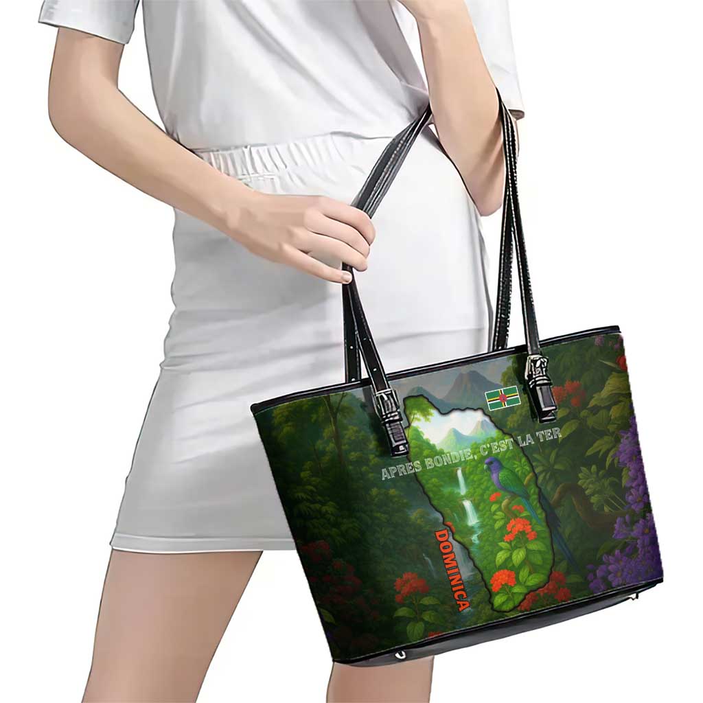 Dominica Nature Leather Tote Bag Sisserou Parrot and Waterfall Island Map with National Flag Design - Wonder Print Shop