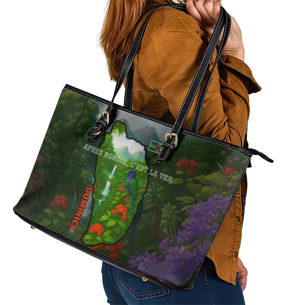 Dominica Nature Leather Tote Bag Sisserou Parrot and Waterfall Island Map with National Flag Design - Wonder Print Shop
