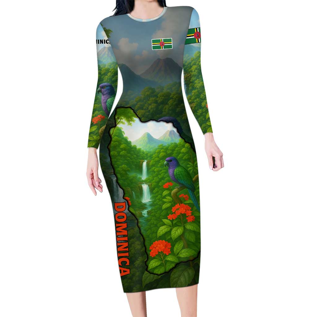 Dominica Nature Long Sleeve Bodycon Dress Sisserou Parrot and Waterfall Island Map with National Flag Design - Wonder Print Shop