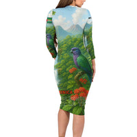Dominica Nature Long Sleeve Bodycon Dress Sisserou Parrot and Waterfall Island Map with National Flag Design - Wonder Print Shop