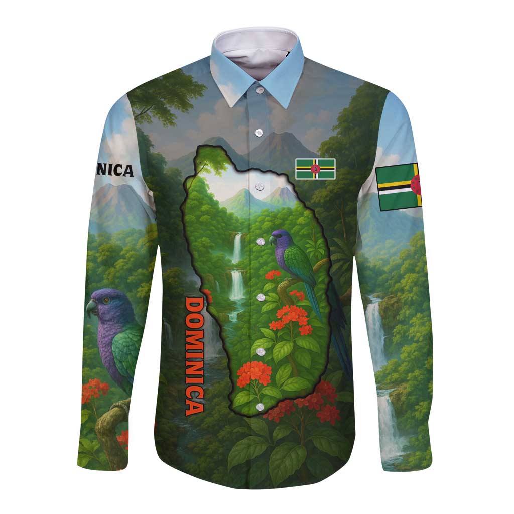 Dominica Nature Long Sleeve Button Shirt Sisserou Parrot and Waterfall Island Map with National Flag Design - Wonder Print Shop