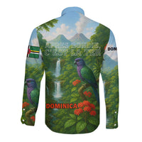 Dominica Nature Long Sleeve Button Shirt Sisserou Parrot and Waterfall Island Map with National Flag Design - Wonder Print Shop