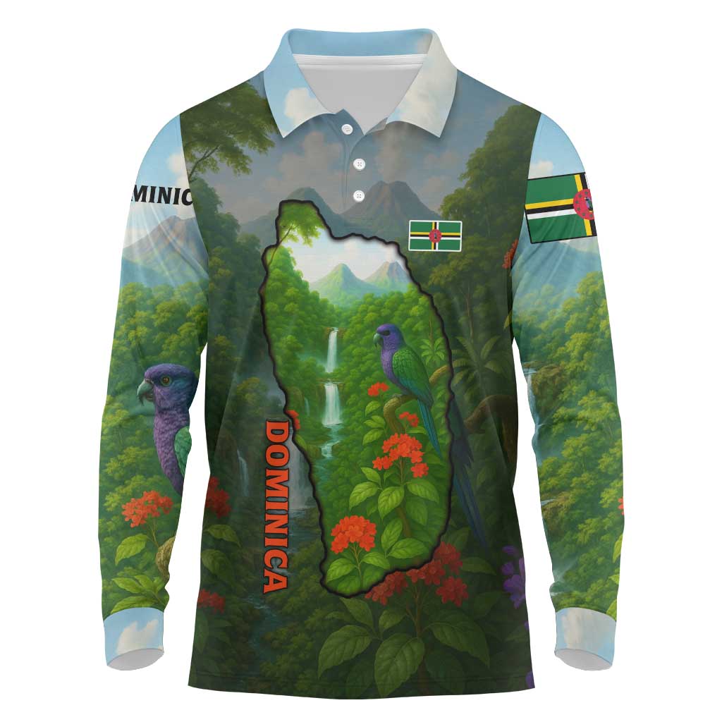 Dominica Nature Long Sleeve Polo Shirt Sisserou Parrot and Waterfall Island Map with National Flag Design - Wonder Print Shop