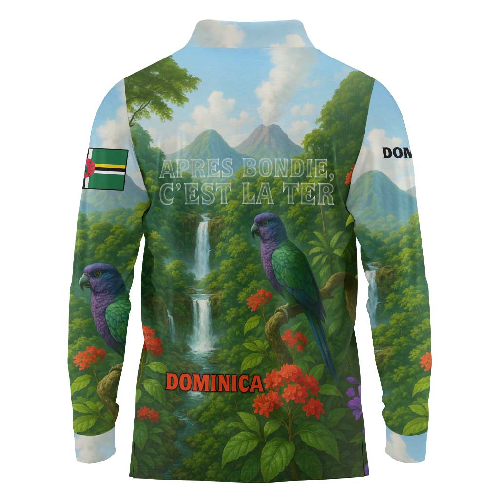 Dominica Nature Long Sleeve Polo Shirt Sisserou Parrot and Waterfall Island Map with National Flag Design - Wonder Print Shop