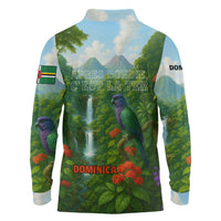 Dominica Nature Long Sleeve Polo Shirt Sisserou Parrot and Waterfall Island Map with National Flag Design - Wonder Print Shop