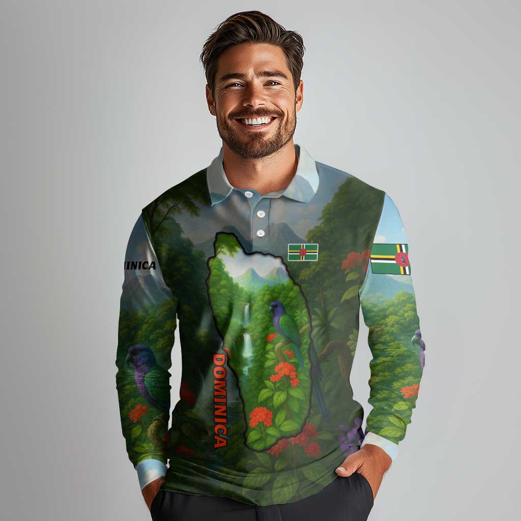 Dominica Nature Long Sleeve Polo Shirt Sisserou Parrot and Waterfall Island Map with National Flag Design - Wonder Print Shop