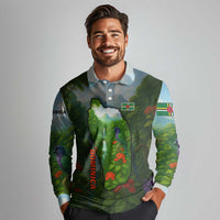 Dominica Nature Long Sleeve Polo Shirt Sisserou Parrot and Waterfall Island Map with National Flag Design - Wonder Print Shop