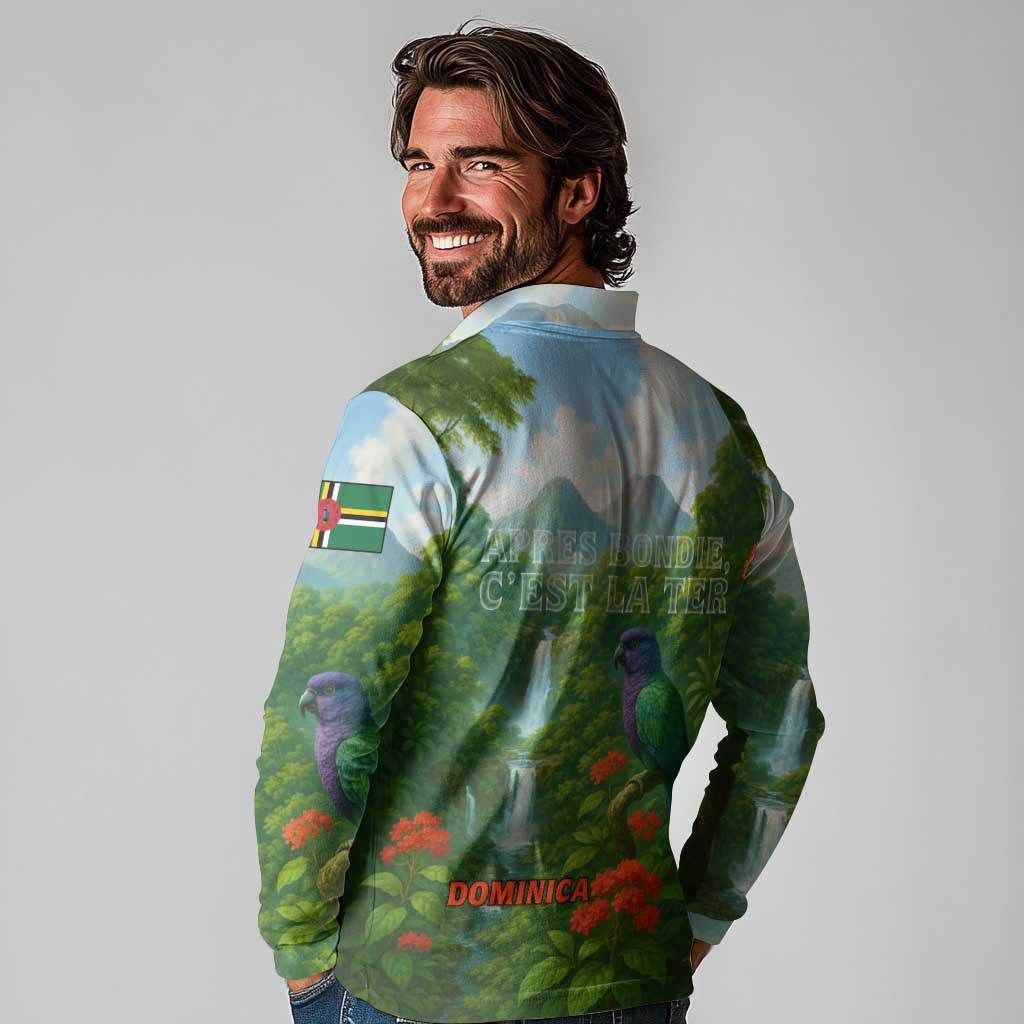 Dominica Nature Long Sleeve Polo Shirt Sisserou Parrot and Waterfall Island Map with National Flag Design - Wonder Print Shop