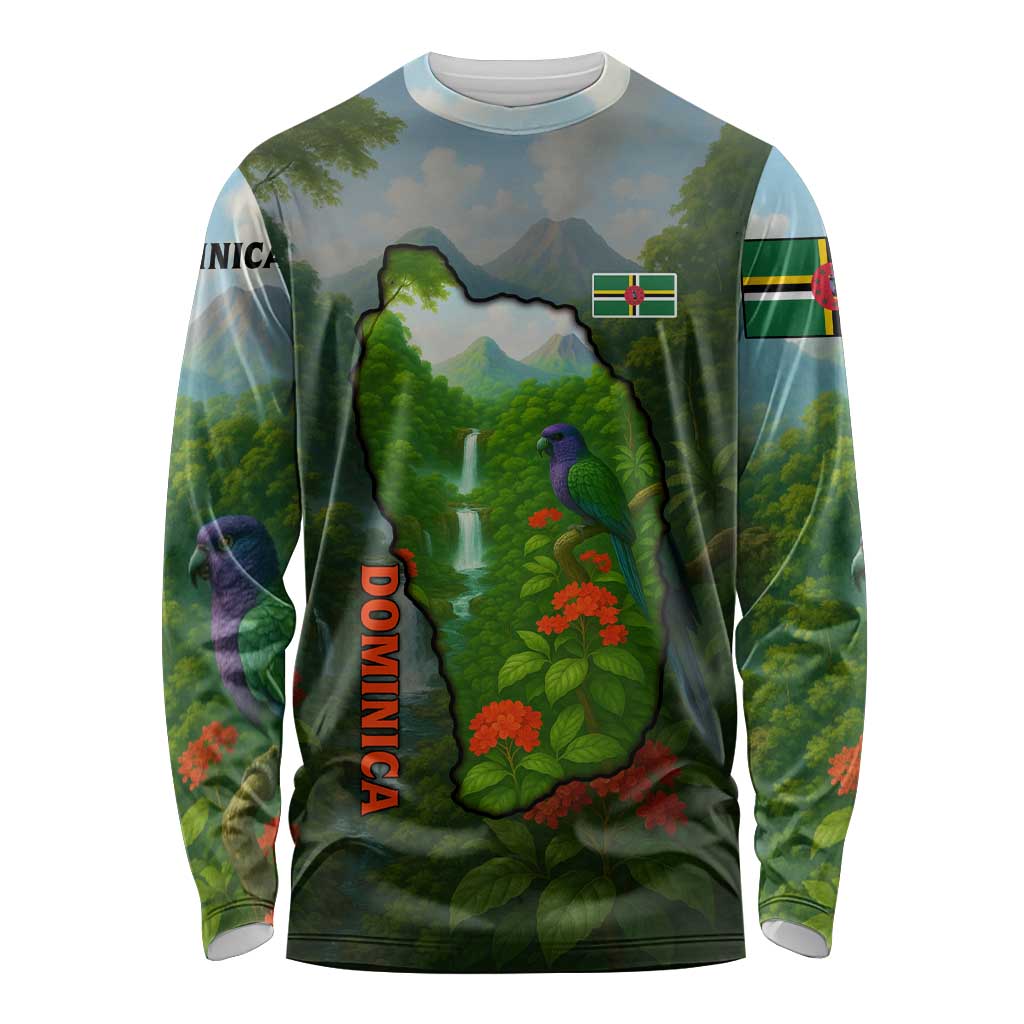 Dominica Nature Long Sleeve Shirt Sisserou Parrot and Waterfall Island Map with National Flag Design - Wonder Print Shop