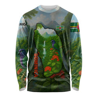 Dominica Nature Long Sleeve Shirt Sisserou Parrot and Waterfall Island Map with National Flag Design - Wonder Print Shop