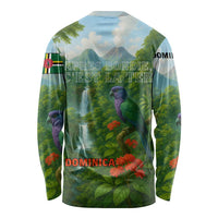 Dominica Nature Long Sleeve Shirt Sisserou Parrot and Waterfall Island Map with National Flag Design - Wonder Print Shop
