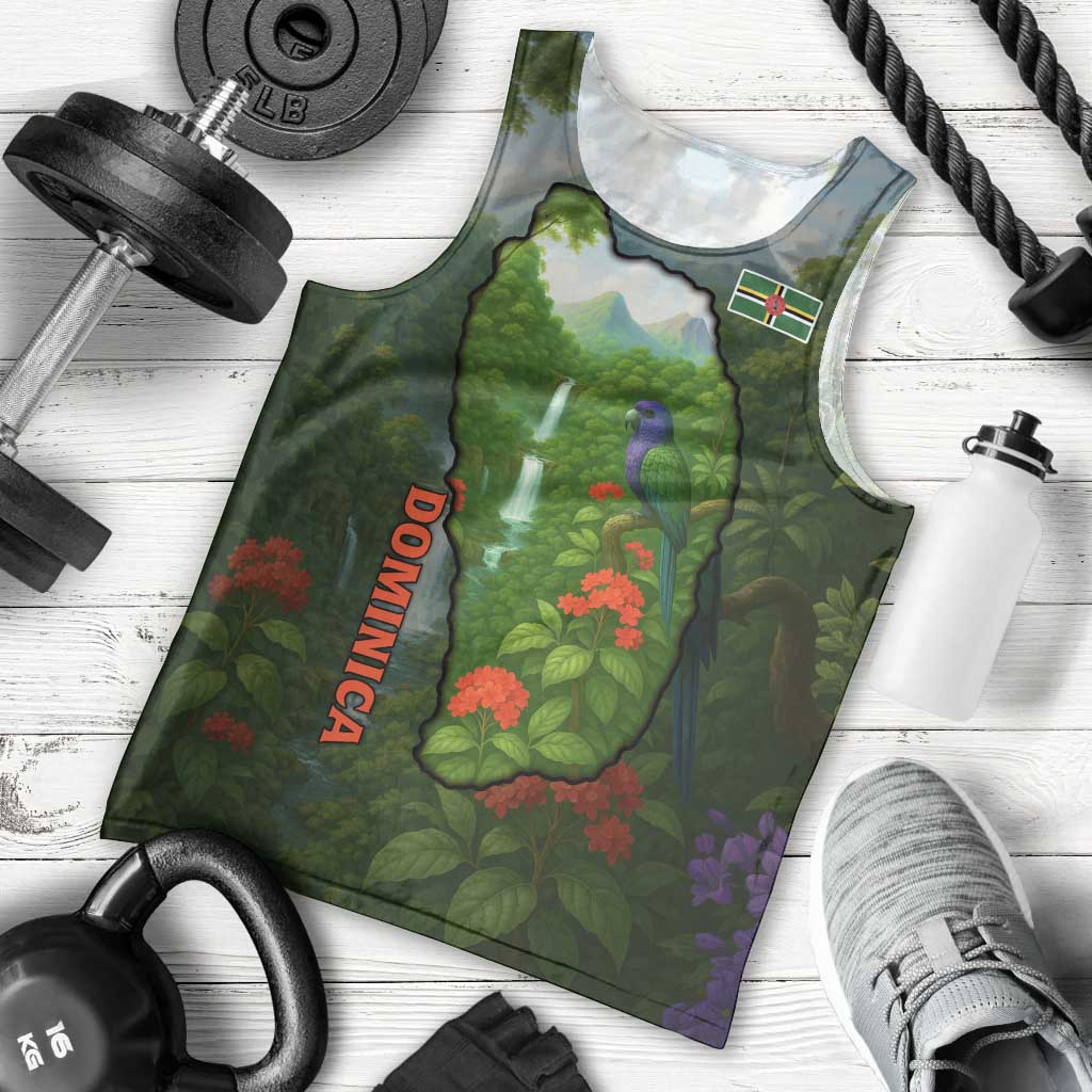 Dominica Nature Men Tank Top Sisserou Parrot and Waterfall Island Map with National Flag Design - Wonder Print Shop